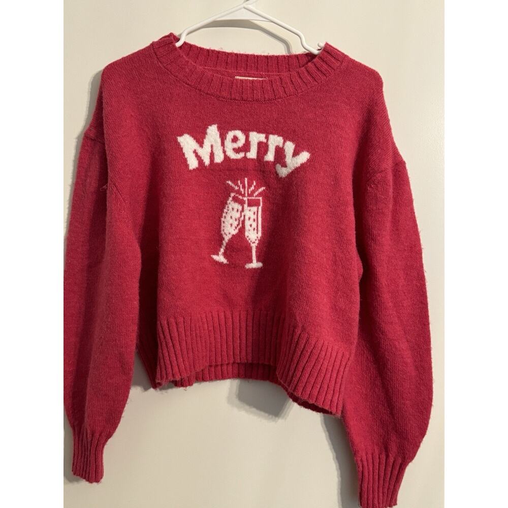 KAISLEY Merry Cheers Crop Sweater Womens Sz L NWT PINK RASPBERRY Christmas